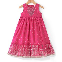 Babyhug Woven Sleeveless Ethnic Dress with Foil Print & Floral Embroidered - Fuschia