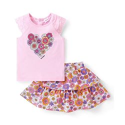 Babyhug Single Jersey Knit Half Sleeves Top & Skirt Set with Floral Print - Multicolour