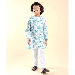 Babyhug 100%  Cotton Woven Full Sleeves Floral Printed Kurta Pyjama Set- Blue