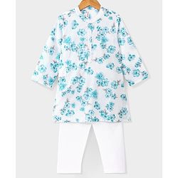 Babyhug 100%  Cotton Woven Full Sleeves Floral Printed Kurta Pyjama Set- Blue
