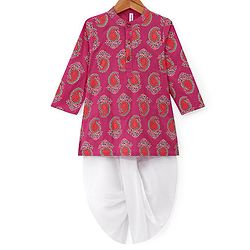 Babyhug 100% Cotton Woven Full Sleeves Kurta & Dhoti Set With Floral Print - Pink