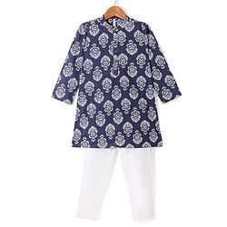 Babyhug 100% Cotton Woven Full Sleeves Floral Printed Kurta Pajama Set - Navy Blue