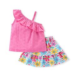 Babyhug 100% Cotton Knit Schiffili Sleeves Top & Skirt With Floral Print - Pink & Blue