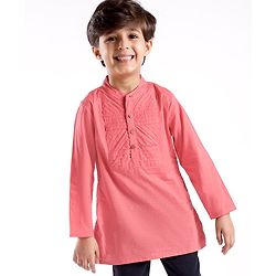 Babyhug Cotton Full Sleeves Front Pleated Kurta - Coral