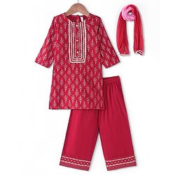 Babyhug Cotton Woven Three Fourth Sleeves Foil Printed Kurti Palazo  Set with Dupatta - Maroon