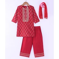 Babyhug Cotton Woven Three Fourth Sleeves Foil Printed Kurti Palazo  Set with Dupatta - Maroon