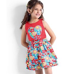 Babyhug 100% Cotton Knit Sleeveless Top & Skirt Set with Knot Detailing & Floral Print - Red