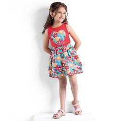 Babyhug 100% Cotton Knit Sleeveless Top & Skirt Set with Knot Detailing & Floral Print - Red