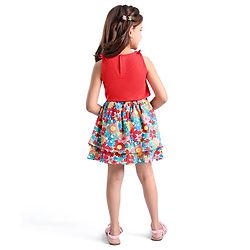 Babyhug 100% Cotton Knit Sleeveless Top & Skirt Set with Knot Detailing & Floral Print - Red