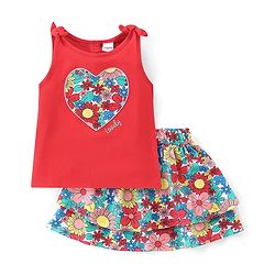 Babyhug 100% Cotton Knit Sleeveless Top & Skirt Set with Knot Detailing & Floral Print - Red