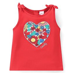 Babyhug 100% Cotton Knit Sleeveless Top & Skirt Set with Knot Detailing & Floral Print - Red