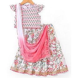 Babyhug 100% Cotton Woven Half Sleeves Choli Lehenga With Dupatta Floral Print - White & Pink