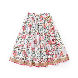 Babyhug 100% Cotton Woven Half Sleeves Choli Lehenga With Dupatta Floral Print - White & Pink