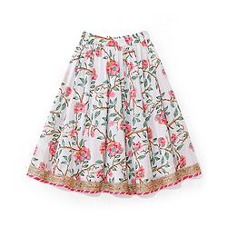 Babyhug 100% Cotton Woven Half Sleeves Choli Lehenga With Dupatta Floral Print - White & Pink