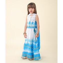 Babyhug Cotton Woven Sleeveless Embroidered Choli with Crinckled Tie & Dyed Lehenga & Dupatta Set - Blue