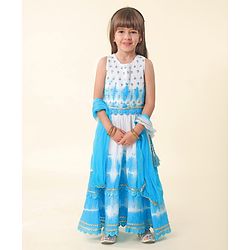 Babyhug Cotton Woven Sleeveless Embroidered Choli with Crinckled Tie & Dyed Lehenga & Dupatta Set - Blue
