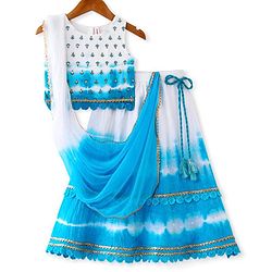 Babyhug Cotton Woven Sleeveless Embroidered Choli with Crinckled Tie & Dyed Lehenga & Dupatta Set - Blue