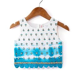 Babyhug Cotton Woven Sleeveless Embroidered Choli with Crinckled Tie & Dyed Lehenga & Dupatta Set - Blue
