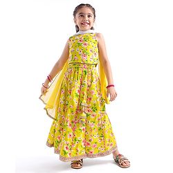 Babyhug 100% Cotton Woven Sleeveless Choli Lehenga With Dupatta Floral Print - Light Green