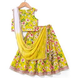 Babyhug 100% Cotton Woven Sleeveless Choli Lehenga With Dupatta Floral Print - Light Green