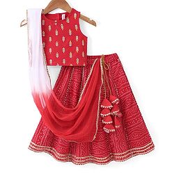 Babyhug Cotton Woven Sleeveless Embroidered Choli With Printed Lehenga & Dupatta Set - Red