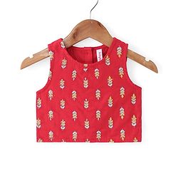 Babyhug Cotton Woven Sleeveless Embroidered Choli With Printed Lehenga & Dupatta Set - Red