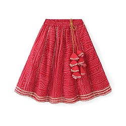 Babyhug Cotton Woven Sleeveless Embroidered Choli With Printed Lehenga & Dupatta Set - Red