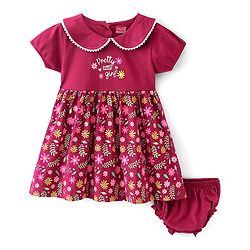Babyhug 100% Cotton Jersey Knit Half Sleeves Frock With Bloomer Floral Print - Red