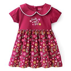 Babyhug 100% Cotton Jersey Knit Half Sleeves Frock With Bloomer Floral Print - Red