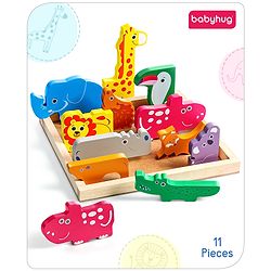 Babyhug Premium 11 Pcs Wooden Colorful Jigsaw Animal Puzzles| Montessori Pre-School Educational and Learning Toy For 2-4 Years Kids| 11 Different Animals Stacking Gifting Toy| BIS Certified