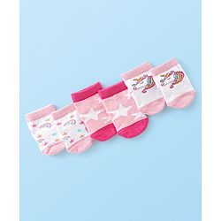Cute Walk by Babyhug Non Terry Anti Bacterial Anti Skid Ankle Length Socks Star & Unicorn Design Pack Of 3- Multicolor
