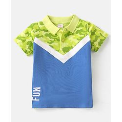Babyhug Cotton Knit Half Sleeves Camo Printed with Text Embroidery Polo T-Shirt - Blue & Lime Green