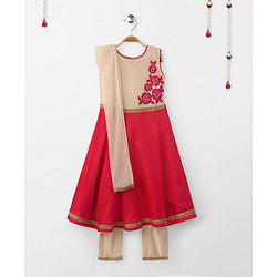 Babyhug Sleeveless Floral Embroidered Kurti & Churidar Set - Pink Beige