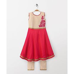 Babyhug Sleeveless Floral Embroidered Kurti & Churidar Set - Pink Beige