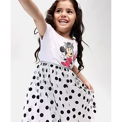 Babyhug Disney 100% Cotton Knit Half Sleeves Frock Mesh Flock Print & Minnie Mouse Graphics - White