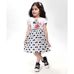 Babyhug Disney 100% Cotton Knit Half Sleeves Frock Mesh Flock Print & Minnie Mouse Graphics - White