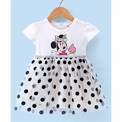 Babyhug Disney 100% Cotton Knit Half Sleeves Frock Mesh Flock Print & Minnie Mouse Graphics - White