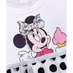 Babyhug Disney 100% Cotton Knit Half Sleeves Frock Mesh Flock Print & Minnie Mouse Graphics - White