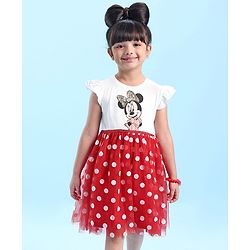 Babyhug Disney  Sleeves Frock with Mesh &  Frill Detailing  Minnie Mouse Graphics - White
