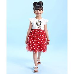 Babyhug Disney  Sleeves Frock with Mesh &  Frill Detailing  Minnie Mouse Graphics - White