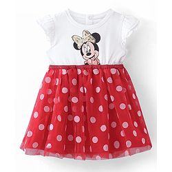 Babyhug Disney  Sleeves Frock with Mesh &  Frill Detailing  Minnie Mouse Graphics - White