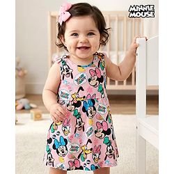 Babyhug Disney Cotton Jersey Knit Sleeveless Minnie Mouse Printed Frock - Pink