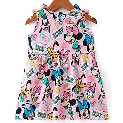 Babyhug Disney Cotton Jersey Knit Sleeveless Minnie Mouse Printed Frock - Pink