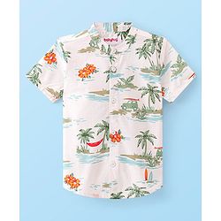 Babyhug 100% Cotton Woven Half Sleeves Mandarin Collar Beach Theme Print Shirt- White