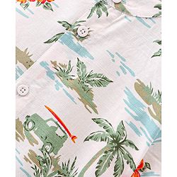 Babyhug 100% Cotton Woven Half Sleeves Mandarin Collar Beach Theme Print Shirt- White