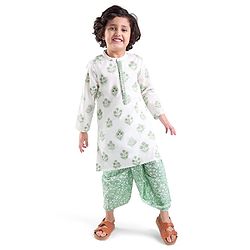 Babyhug  Cotton Woven Full Sleeves Floral Printed  Kurta Dhoti Set- White