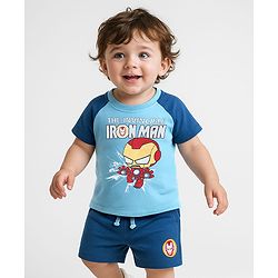 Babyhug Marvel 100% Cotton Single Jersey Knit Raglan Sleeves T-Shirt and Shorts Iron Man Graphics - Blue