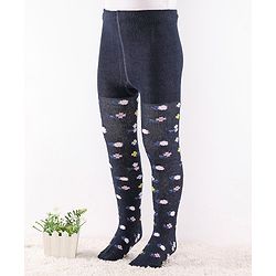 Cute Walk by Babyhug Anti-Bacterial Cotton Knit Footed Tights Floral Print - Navy Blue