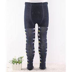 Cute Walk by Babyhug Anti-Bacterial Cotton Knit Footed Tights Floral Print - Navy Blue