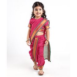Babyhug Half Sleeves Blouse And Zari Bordered Nauvari Saree - Red